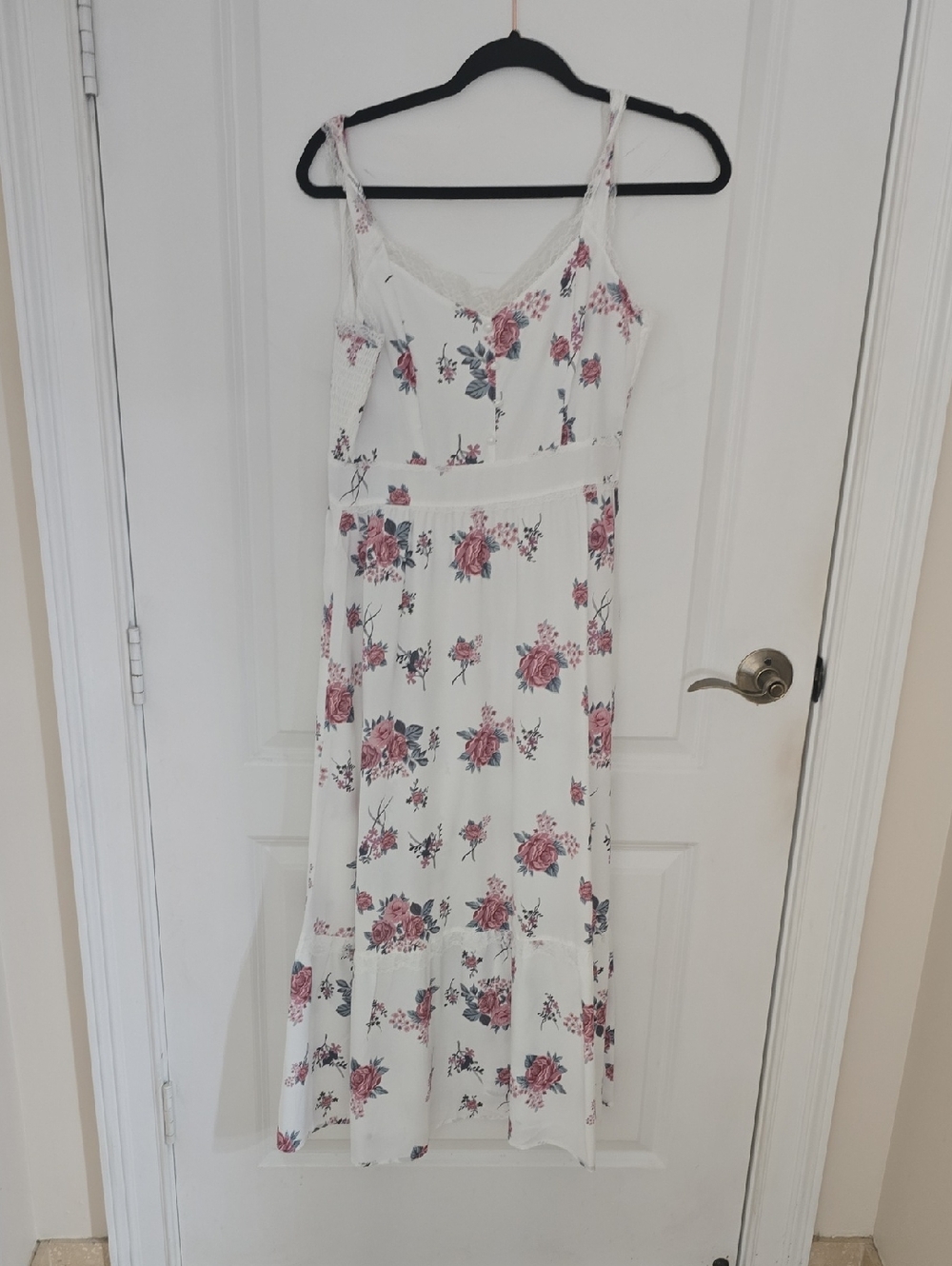 White Floral Maxi Dress with Pink Rose Print